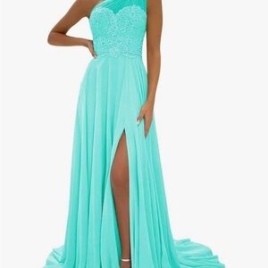 Blue One-Shoulder Ruched Gown with Slit